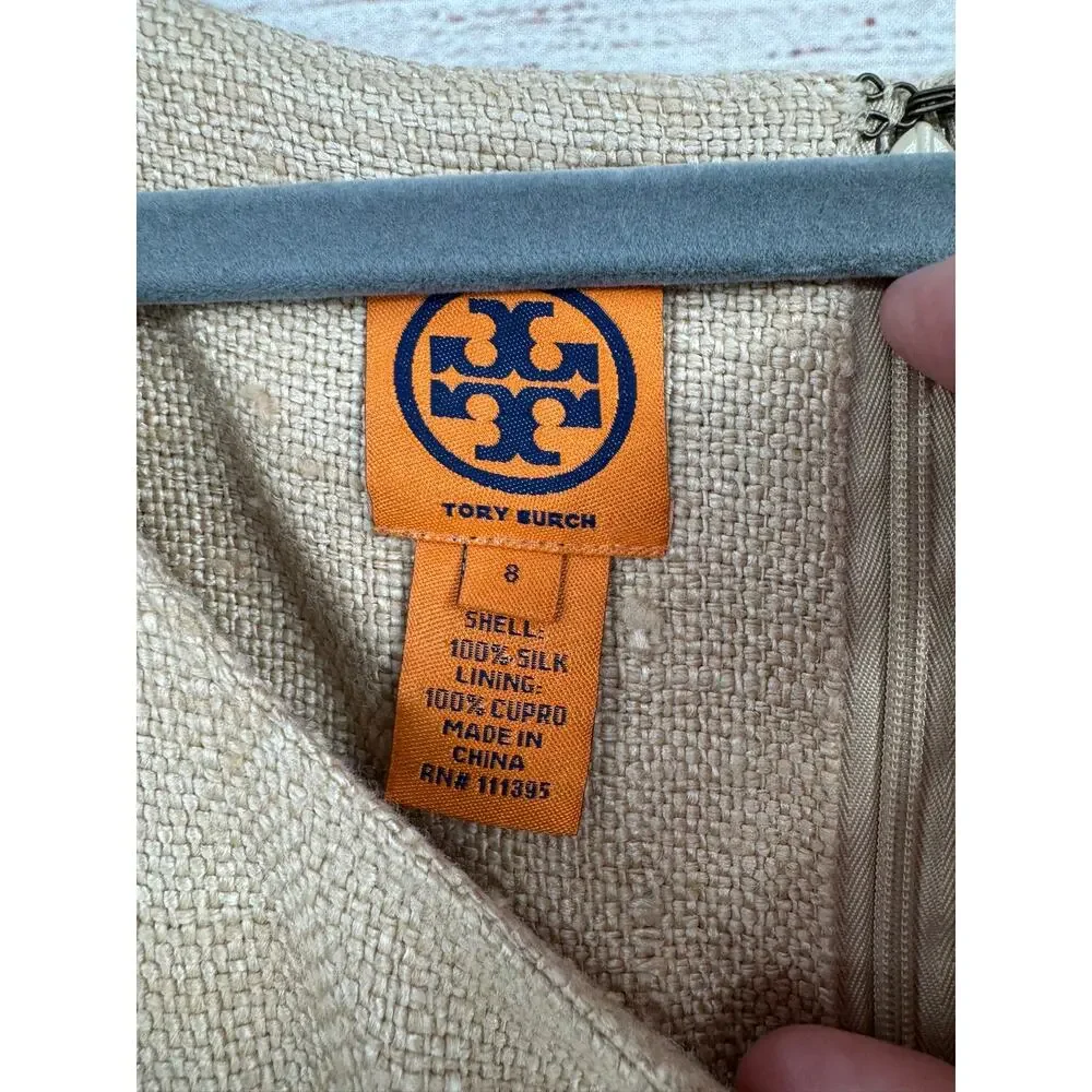 Tory Burch Woven Silk BOHO Midi‎ Dress Womens 8 Beige Red Lined Split Hem